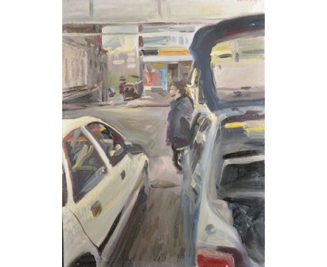 Howard Morgan (1949-    ) British. 'Car Lot, SW4', Man Standing in a Car Lot, Oil on Canvas, Signed and Dated 'VI '93', with 