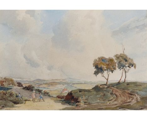George Grainger-Smith (1892-1961) British. Children on a Country Track possibly playing Golf, Watercolour, Signed, 6.5" x 9.5