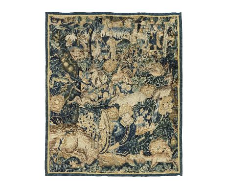 A fantastical Oudenaarde Hunting tapestryCirca 1550Woven in wools and silks, depicting an array of wild animals including a n