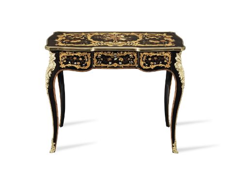 An early Victorian ormolu mounted ebony, mother of pearl, purplewood, harewood and fruitwood marquetry table a ecrire or writ