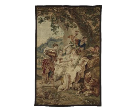 A vibrant Mythological tapestryProbably Brussels 17th/18th centuryWoven in wools and silks, the main field depicting a bucoli