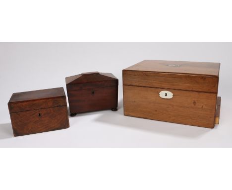A collection of boxes, to include a 19th Century mahogany sarcophagus tea caddy, a Victorian rectangular tea caddy, a 19th Ce