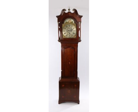 George III oak cased longcase clock, the swan neck pediment above a glazed door flanked by columns and Corinthian brass capit