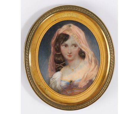 Late 19th Century portrait miniature on ivory, depicting a young lady wearing a puce headscarf and gold necklace, titled vers