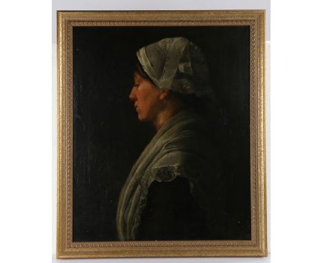 19th Century British school, profile portrait of a lady wearing a lace cap, oil on canvas, housed in a gilt frame, the oil 49