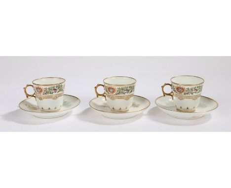 Sevres porcelain tea cups and saucers,  Chateau de F Bleau, decorated with acorns and birds, blue, red and green stamped mark