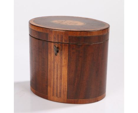George III mahogany and inlaid tea caddy, the oval caddy with a shell inlaid hinged lid above inlaid bands to the front and b
