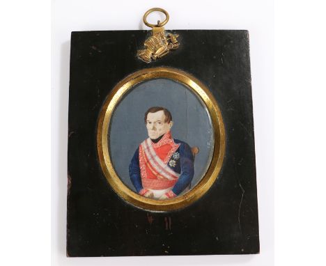 Late 18th Century Spanish miniature portrait, of a nobleman in a seated position, orders pinned to his chest, signed J Soyena