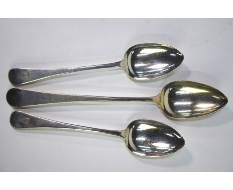 A George III silver OEP serving spoon Eley &amp; Fearn, London 1801, to/w a pair of George IV OEP table spoons, William Schof