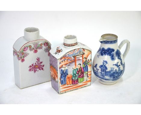 Two Chinese Export porcelain tea caddies: one in famille rose depicting Manchu/Chinese figures; the other in famille rose dec