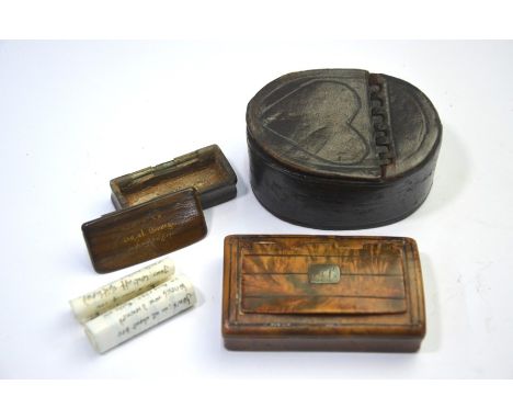A treen snuff box inscribed 'Part of HMS Royal George, sunk 29th Augt 1795', to/w another wooden snuff box and a leather snuf