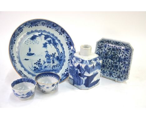 Five pieces of Chinese blue and white porcelain, comprising: two Chinese Export teabowls; a square dish with floral design; a