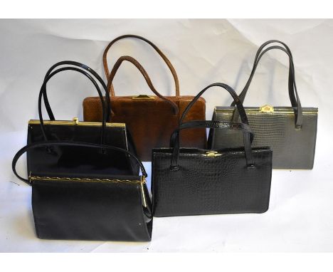 A black, a brown and a grey vintage lizard skin handbags and two others (6)