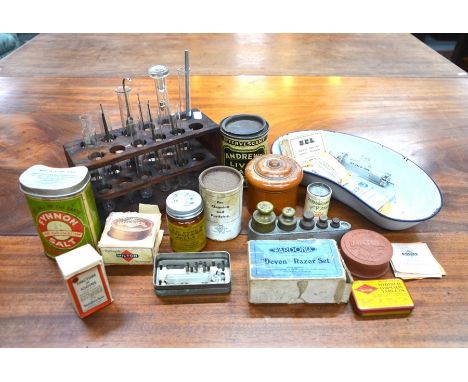 A quantity of vintage chemist's bottles, lab equipment and other accessories