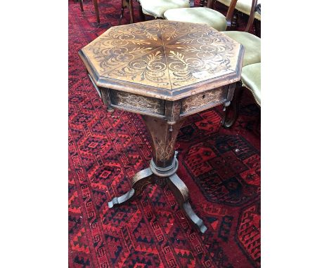 A Victorian boxwood inlaid rosewood work table, the octagonal top enclosing the original paper and fabric lined fitted interi