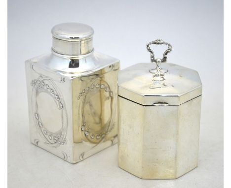 An Edwardian square-form silver tea caddy embossed with Art Nouveau leaf and berry motifs, Charles Dumenil, London 1903, to/w