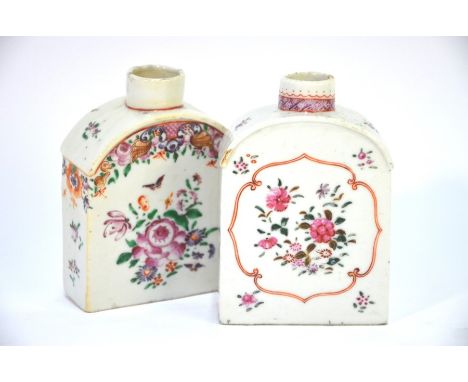 Two Chinese Export, famille rose tea caddies of typical design; each one decorated with floral designs. Both about 11.5 cm hi