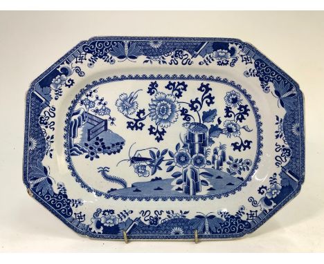 An early 19th century Spode stone china blue transfer printed rectangular chamfered meat plate decorated with the 'Grasshoppe