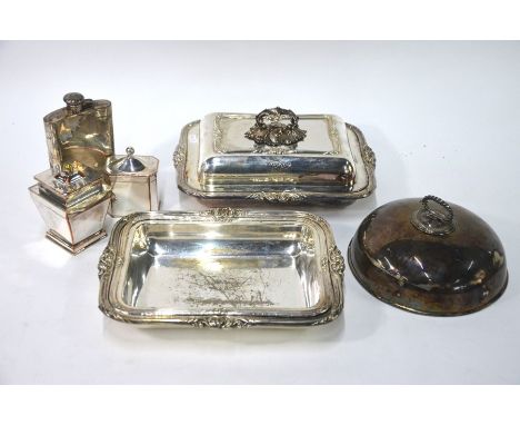 A pair of electroplated entrée dishes and covers,to/w a plated on copper tea caddy of square tapering form, a Sheraton -style