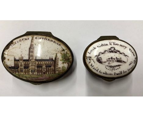 Two Georgian Battersea/Bilston enamel patch-boxes - Salisbury Cathedral and 'Look within and You may view A Maid to who I wil