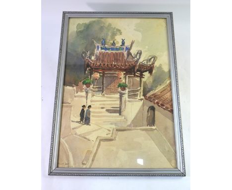 Yong Mun Sen (1896-1962), watercolour on paper, two women at the entrance to a temple, signed at bottom left Mun Sen 1949, fr