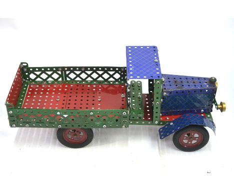 A vintage Meccano model lorry with blue cab and open back, 43 cm