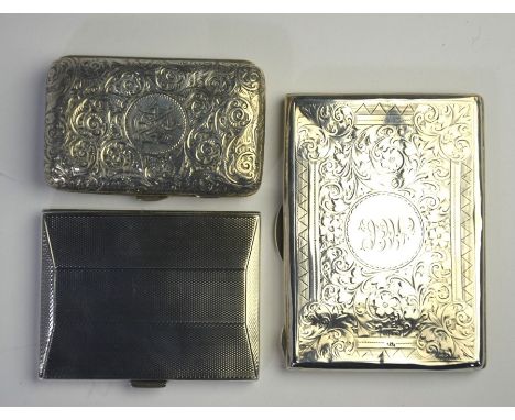 An Art Deco engine-turned cigarette case, Chester 1929 to/w two Victorian foliate-engraved examples, Chester 1888/1900 (3), 7