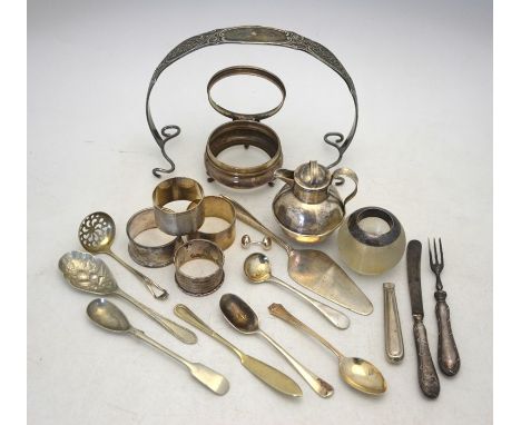 A spherical glass match pot striker with silver top, Birmingham 1930 to/w four silver napkin rings, various oddments of scrap