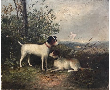 English school - Study of two long legged Jack Russells in a landscape, oil on canvas, indistinctly signed lower left, 25 x 3