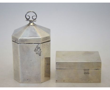 A silver Sheraton Revival tea caddy with hinged cover and canted corners, Walker &amp; Hall (probably) Birmingham 1919 to/w a