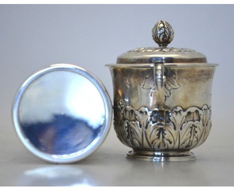 A late Victorian silver plain cylindrical pot, George Fricker, London 1899, 10 cm high to/w a small porringer and cover with 