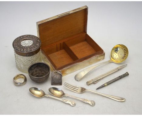 Various silver items including cigarette box, sifter ladle and other flatware, silver propelling pencil and Mordan patent ele