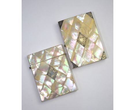 Two mother of pearl visiting card cases - one with engraved white metal mounts