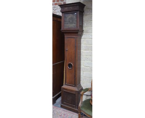 John Hocker, Reading, an early 18th century oak longcase clock, the single hand 30 hour alarm movement with 25 cm square bras