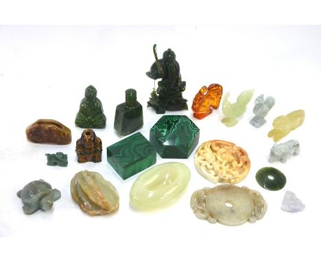 A number of small jade, or other, objects, including: an archaistic bi, 8.5 cm diameter; an oval brushwasher, 8 cm long; a sn