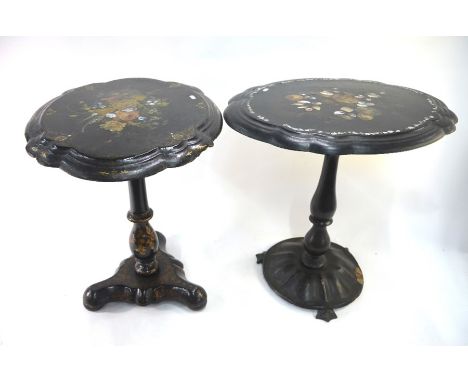 Two Victorian mother of pearl and floral polychrome decorated papier mache tilt top occasional occasional tables, both a/f (2