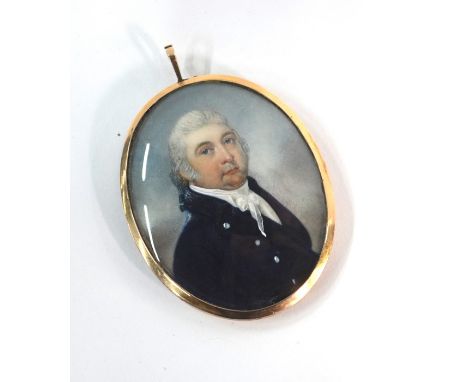 A fine quality Georgian oval portrait miniature on ivory of a gentleman with grey wig, white stock and blue coat, unsigned, 8