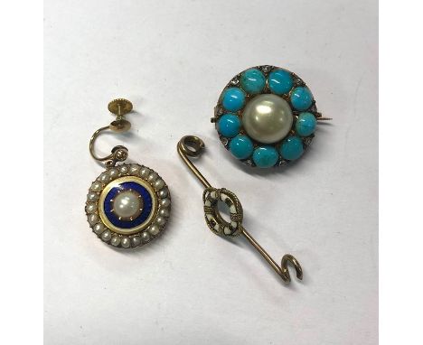 A Victorian circular yellow gold brooch set with large pearl with nine circular cabochon turquoise and nine eight-cut diamond