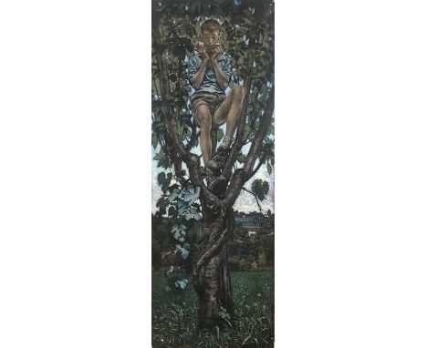 Romano Parmeggiani (b 1930) - 'Maestro', boy in tree playing harmonica, oil on canvas, signed and dated 1960, Prov: B Cohen &