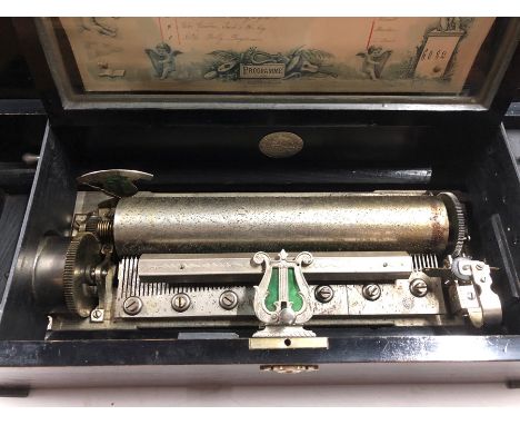 A 19th century Swiss cylinder music box, the 28 cm cylinder playing eight airs with arrow indicator and adjustable lyre dampe