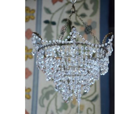 A vintage gilt framed crystal strung electrolier of graduated tiers, to/w a gilt metal ribbon bow adorned two branch wall sco