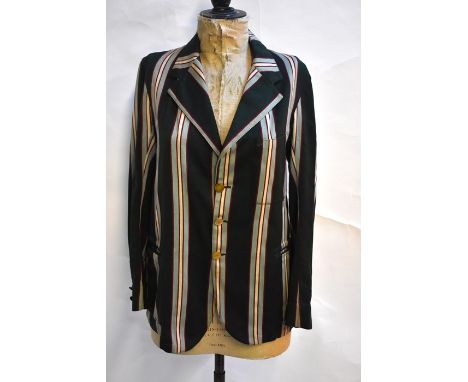 A vintage boating/college blazer, dark green with light blue/red/cream stripe, 47 cm across chest, retailed by A. G. Almond L