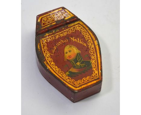 An unusual Tole ware snuff box of coffin form, painted and inscribed to 'Immortal Nelson'. 6.5 cm long