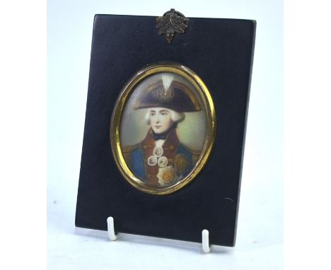 A 19th century oval portrait miniature on ivory, Admiral Lord Nelson, unsigned, 7 x 5.5 cm, in ebonised frame with gilt mount