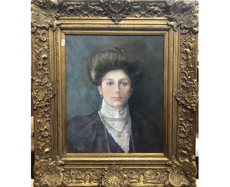 L Chakar - Portrait of a lady in Edwardian dress, oil on canvas, signed lower left, 44 x 36 cm