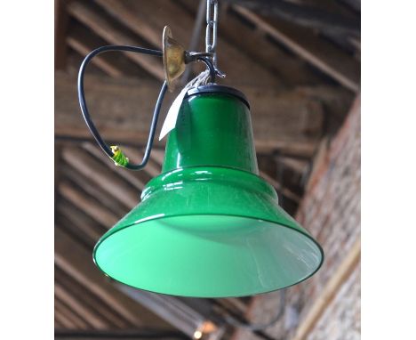 A contemporary green glass hinging light fitting, 24 cm dia. x 22 cm h