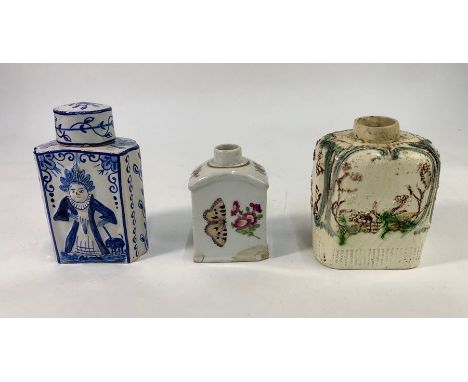 An early 19th century English creamware tea caddy of rectangular rounded form moulded with a basket weave, acorn and foliate 