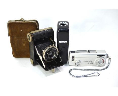 A Zeiss Ikon Ikonta folding camera with Compur Tessar 1:45 f.5cm lens, no 1151542 to/w a Minolta-16 MG pocket camera with Rok