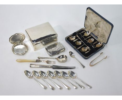 Various silver teaspoons (inc cased set of spoons with Apostle finials),&nbsp;a pair of sugar tongs and an engraved cigarette