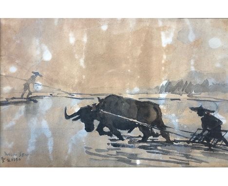Yong Mun Sen (1896-1962), predominantly ink on paper, a farmer with a plough drawn by a water buffalo, signed at bottom left 